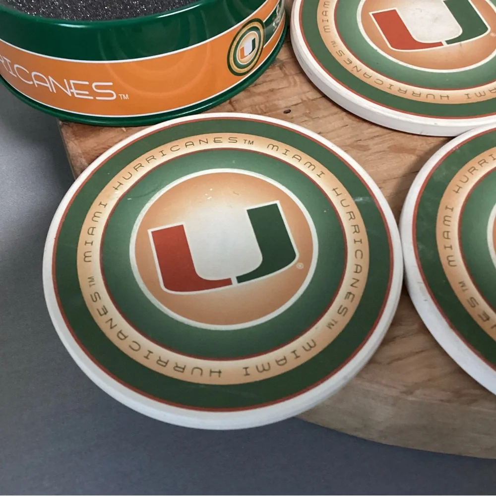 🟢 Miami Hurricanes College Football Ceramic Coaster Set in Metal Tin - Rare - Picture 7 of 16
